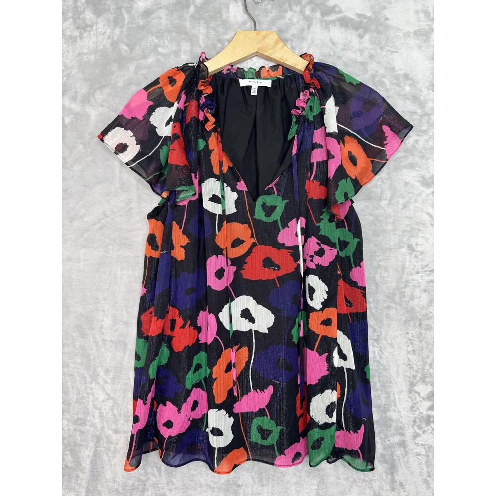 Milly Top Womens Medium Black Multicolor Floral V Neck Swing Chiffon Simmer
